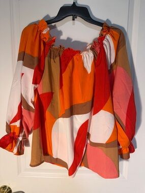Women’s Colorblock Off-Shoulder Top in Orange and Pink